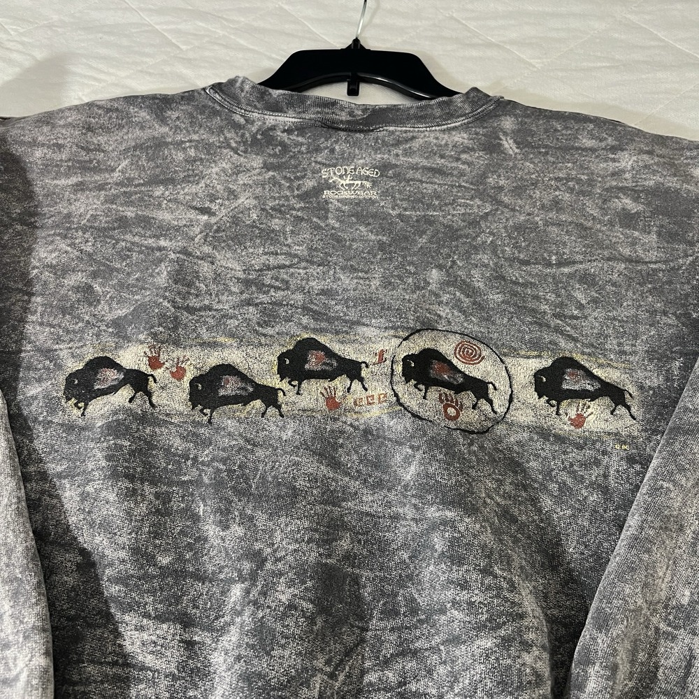VTG Hanes Stone Aged Rockwear Sweatshirt Gray Acid Washed Buffalo XX LARGE 53" - Picture 5 of 11
